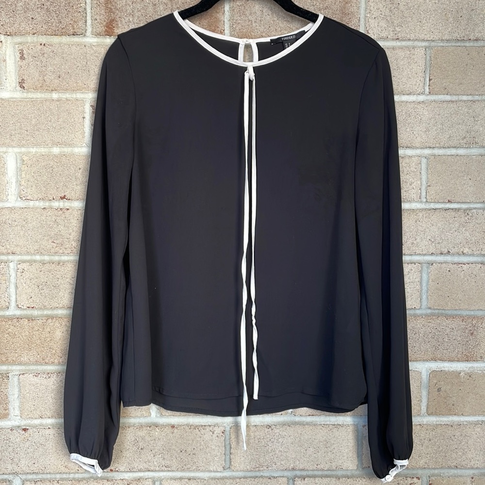Black Chiffon Contrast Trim Neck-Tie Blouse